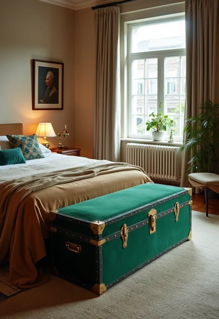 30 Green Velvet Bedroom Ideas That Feel Luxurious and Bold - 17. Green Velvet Trunks