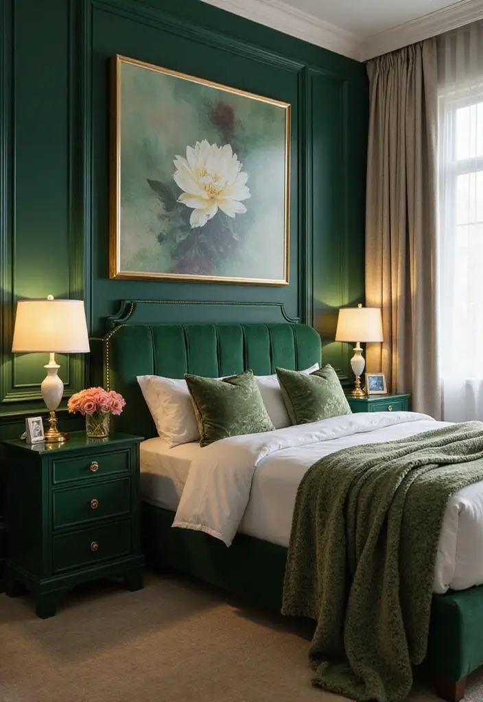 30 Green Velvet Bedroom Ideas That Feel Luxurious and Bold - 18. Green Velvet Bedside Tables