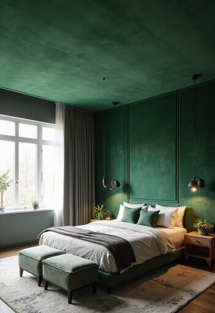 30 Green Velvet Bedroom Ideas That Feel Luxurious and Bold - 21. Green Velvet Ceiling Treatments