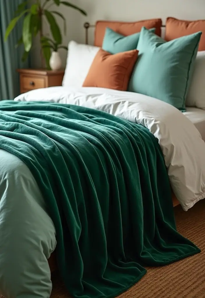 30 Green Velvet Bedroom Ideas That Feel Luxurious and Bold - 22. Green Velvet Throw Blankets