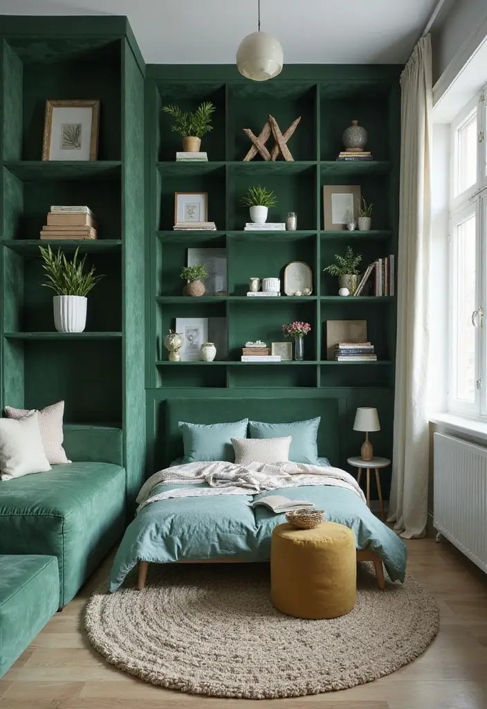 30 Green Velvet Bedroom Ideas That Feel Luxurious and Bold - 23. Green Velvet Shelves