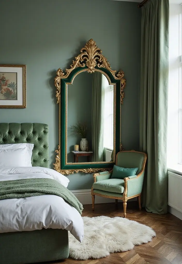 30 Green Velvet Bedroom Ideas That Feel Luxurious and Bold - 24. Green Velvet Decorative Mirrors