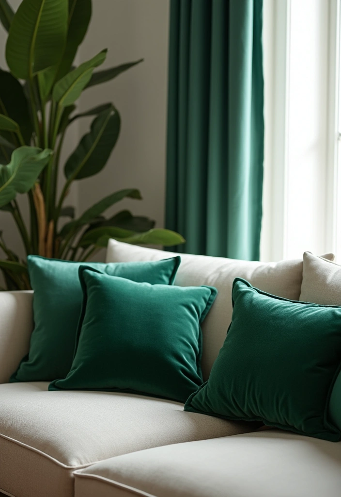 30 Green Velvet Bedroom Ideas That Feel Luxurious and Bold - 26. Green Velvet Pillows for Sofa