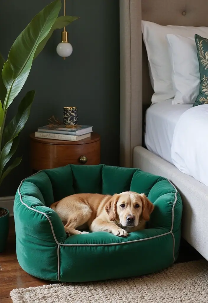 30 Green Velvet Bedroom Ideas That Feel Luxurious and Bold - 27. Green Velvet Pet Beds