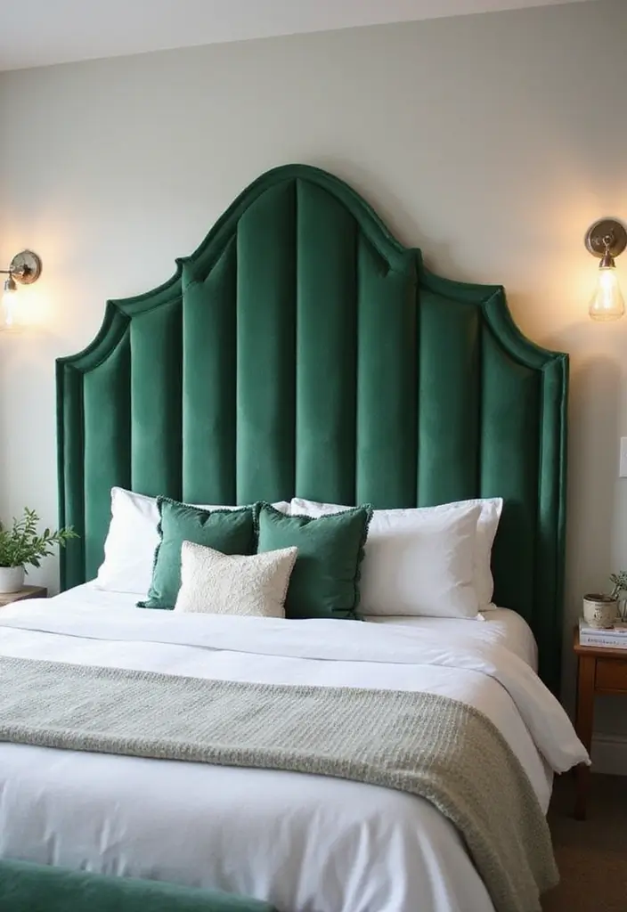 30 Green Velvet Bedroom Ideas That Feel Luxurious and Bold - 28. Green Velvet Headboard Wall Decals