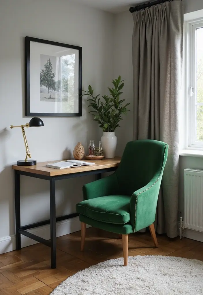 30 Green Velvet Bedroom Ideas That Feel Luxurious and Bold - 29. Green Velvet Home Office Corner