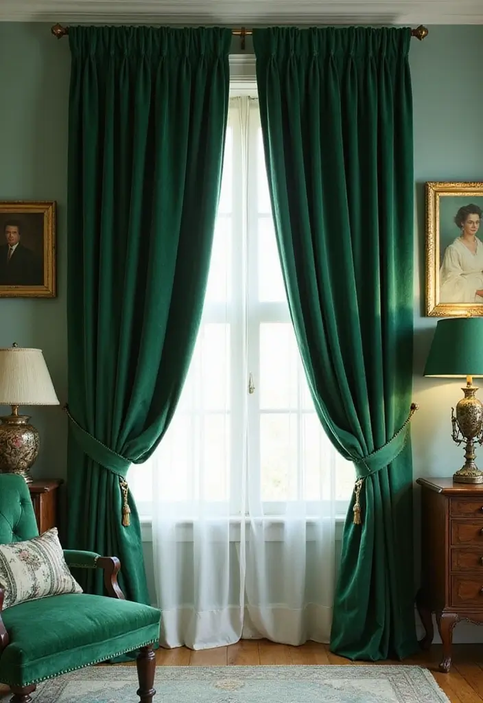 30 Green Velvet Bedroom Ideas That Feel Luxurious and Bold - 3. Bold Green Velvet Curtains