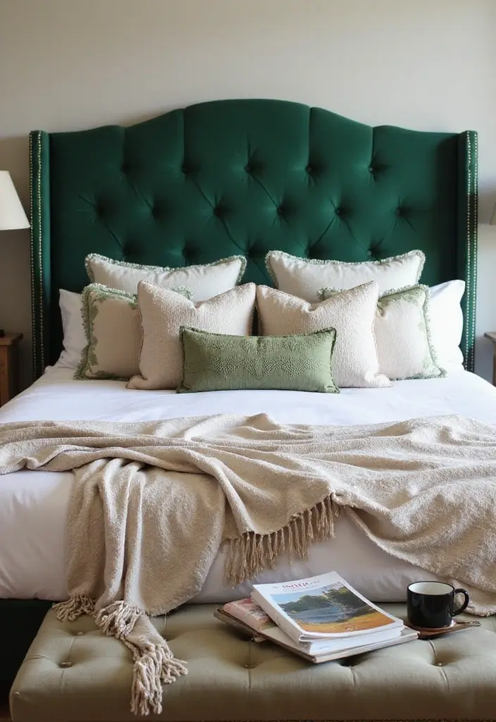 30 Green Velvet Bedroom Ideas That Feel Luxurious and Bold - 30. Green Velvet Headboard Decor