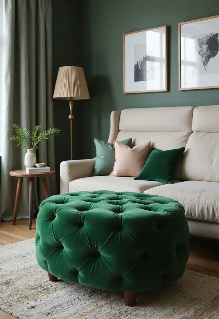 30 Green Velvet Bedroom Ideas That Feel Luxurious and Bold - 9. Green Velvet Footstools
