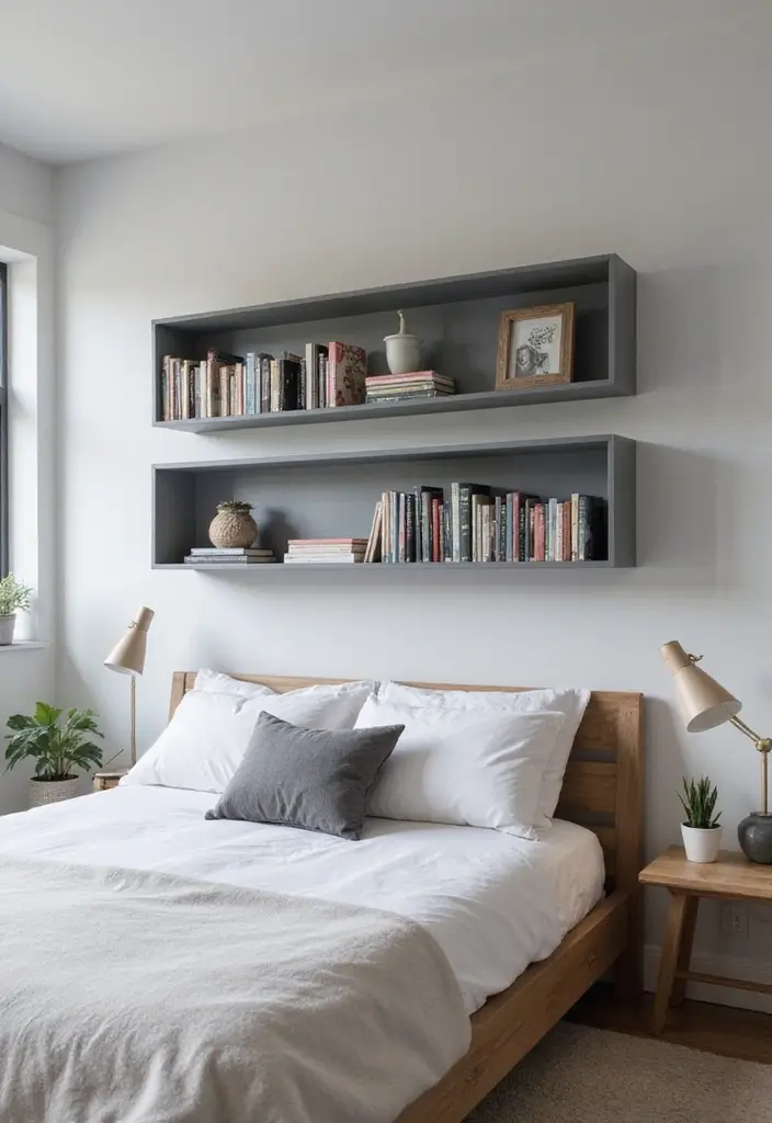 30 Grey Bedroom Furniture Ideas That Are Elegant & Timeless - 11. Grey Floating Shelves