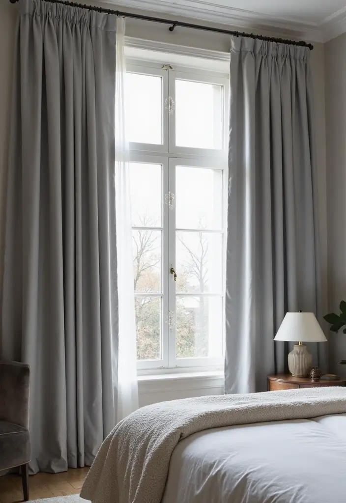 30 Grey Bedroom Furniture Ideas That Are Elegant & Timeless - 13. Grey Curtains