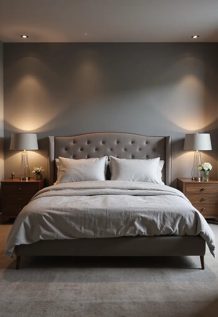 30 Grey Bedroom Furniture Ideas That Are Elegant & Timeless - 17. Contemporary Grey Lighting