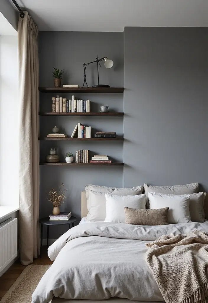 30 Grey Bedroom Furniture Ideas That Are Elegant & Timeless - 24. Grey Wall Shelves