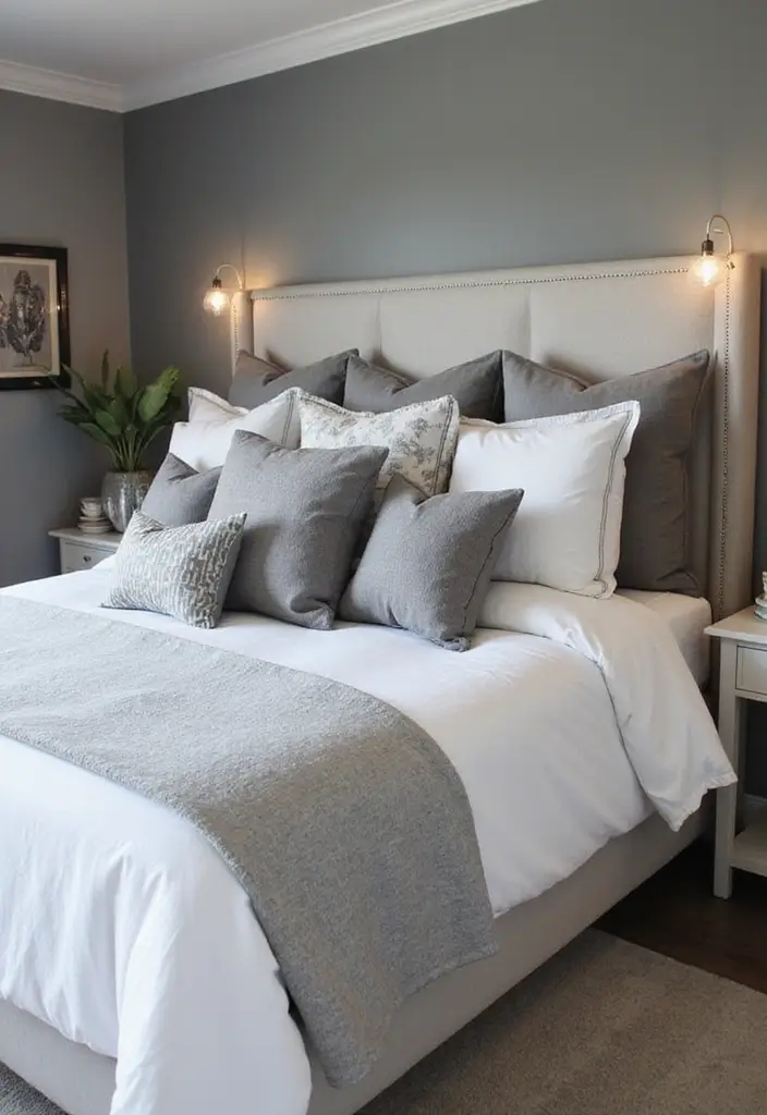 30 Grey Bedroom Furniture Ideas That Are Elegant & Timeless - 30. Grey Decorative Pillows