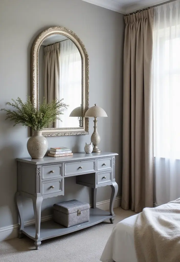 30 Grey Bedroom Furniture Ideas That Are Elegant & Timeless - 8. Grey Console Tables