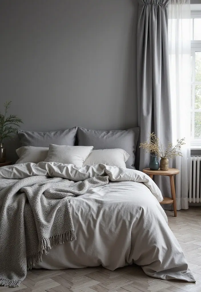 30 Grey Floor Bedroom Ideas That Ground the Space Beautifully - 11. Soft Textiles in Grey Hues