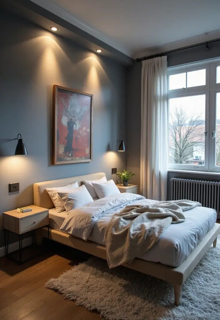 30 Grey Floor Bedroom Ideas That Ground the Space Beautifully - 13. Grey Lighting Fixtures for Ambiance