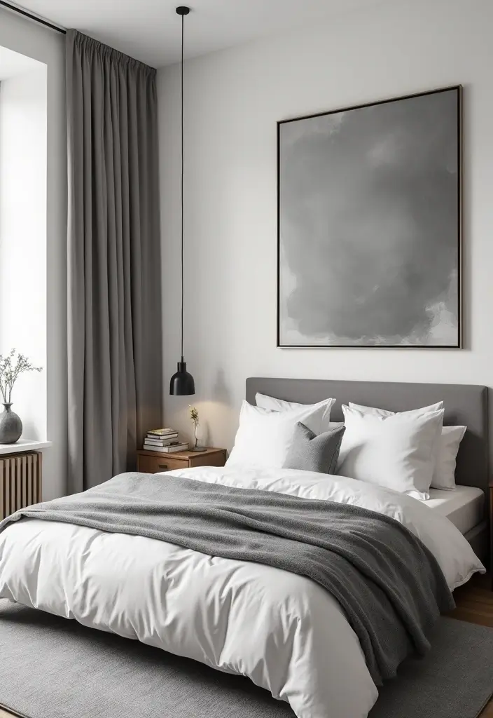 30 Grey Floor Bedroom Ideas That Ground the Space Beautifully - 14. Grey Wall Art for Visual Interest