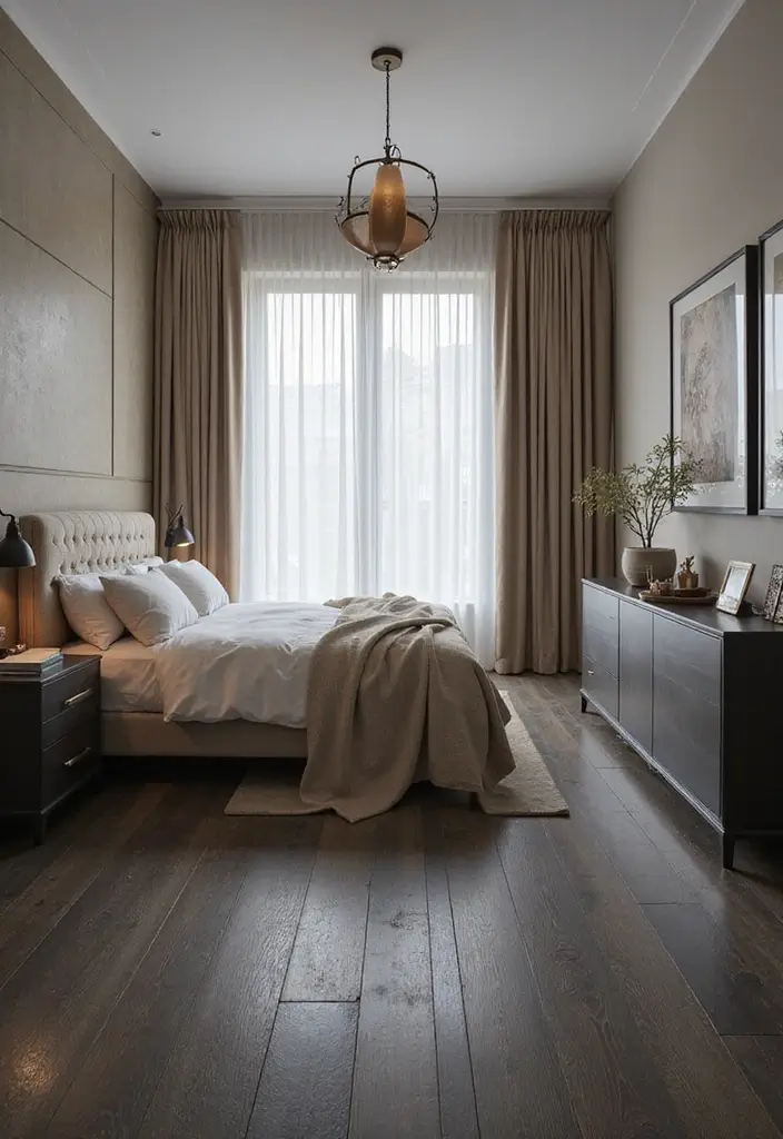 30 Grey Floor Bedroom Ideas That Ground the Space Beautifully - 2. Dark Grey Hardwood for a Touch of Sophistication