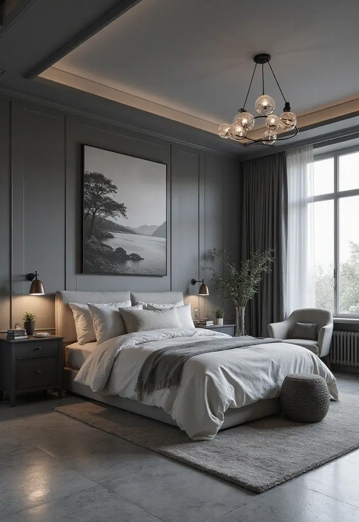 30 Grey Floor Bedroom Ideas That Ground the Space Beautifully - 21. Greyscale Photography for Aesthetic Appeal