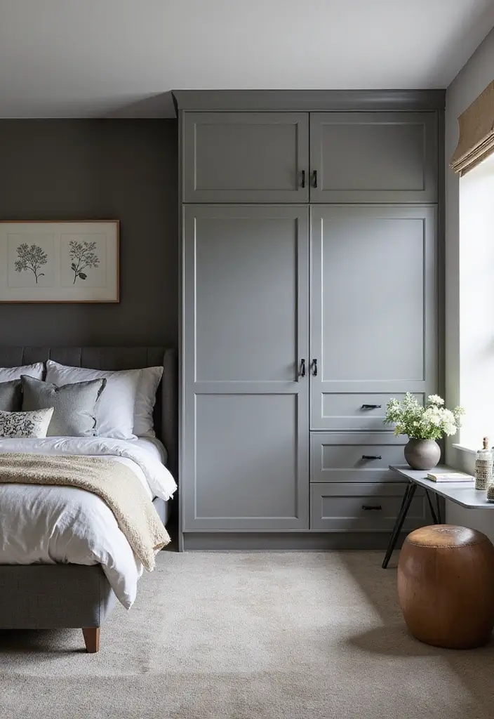 30 Grey Floor Bedroom Ideas That Ground the Space Beautifully - 22. Grey Built-In Storage Solutions