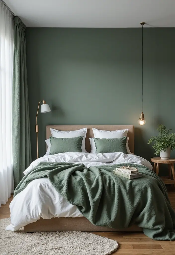 30 Grey Floor Bedroom Ideas That Ground the Space Beautifully - 29. Grey and Green Color Balance