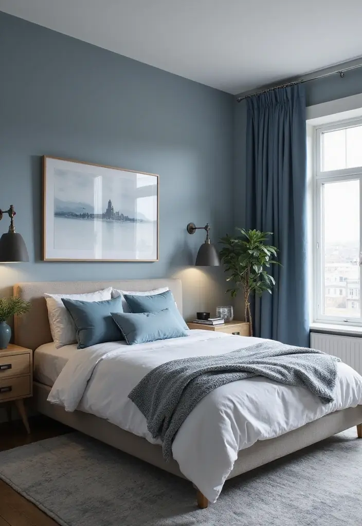 30 Grey Floor Bedroom Ideas That Ground the Space Beautifully - 30. Grey and Blue for a Serene Space