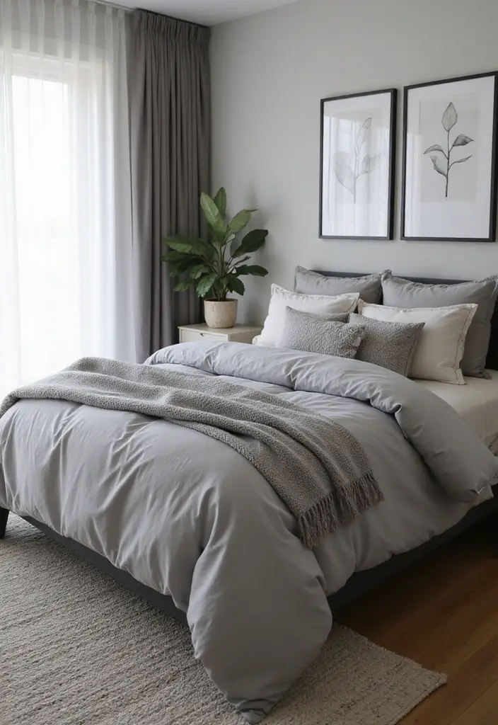 30 Grey Floor Bedroom Ideas That Ground the Space Beautifully - 9. Grey Bedding for a Cohesive Look