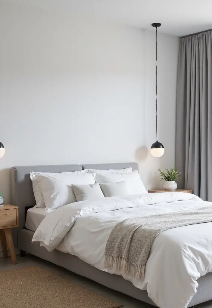 30 Grey Upholstered Bed Bedroom Ideas That Look Plush & Stylish - 1. Soft Grey and White Palette