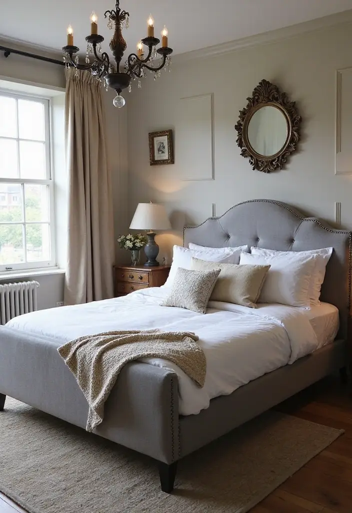 30 Grey Upholstered Bed Bedroom Ideas That Look Plush & Stylish - 11. Vintage Charm