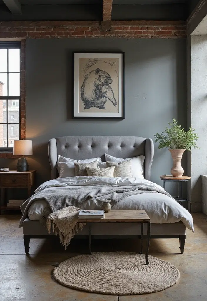 30 Grey Upholstered Bed Bedroom Ideas That Look Plush & Stylish - 12. Industrial Flair
