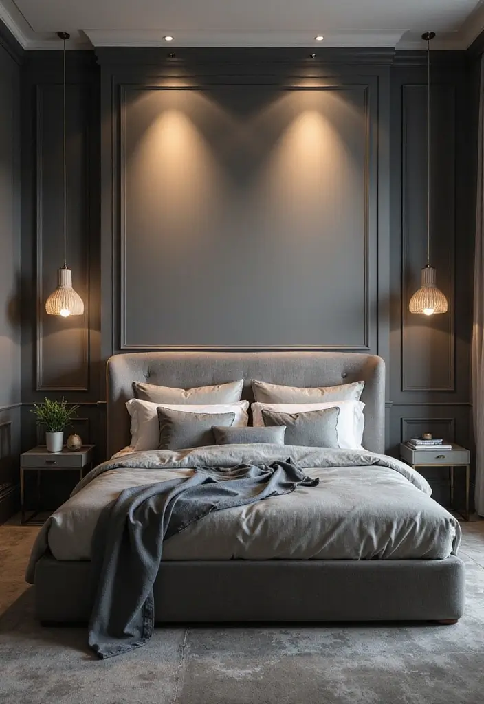 30 Grey Upholstered Bed Bedroom Ideas That Look Plush & Stylish - 14. Statement Lighting