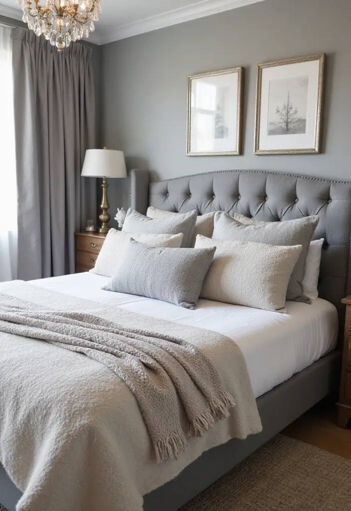 30 Grey Upholstered Bed Bedroom Ideas That Look Plush & Stylish - 16. Comfortable Bedding Choices