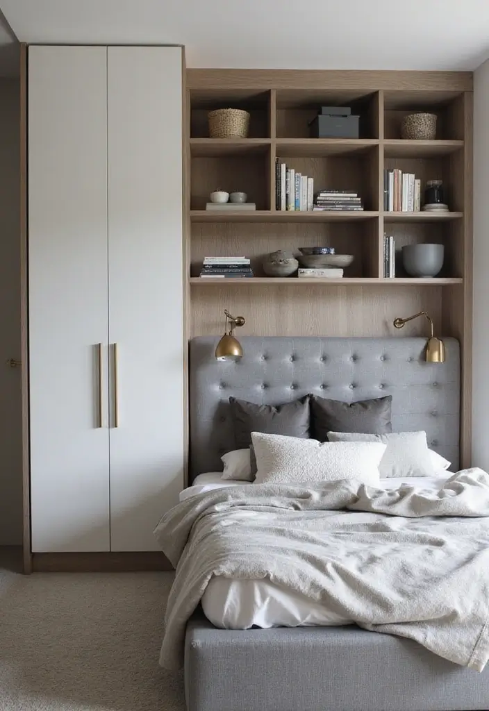 30 Grey Upholstered Bed Bedroom Ideas That Look Plush & Stylish - 17. Space-Saving Solutions