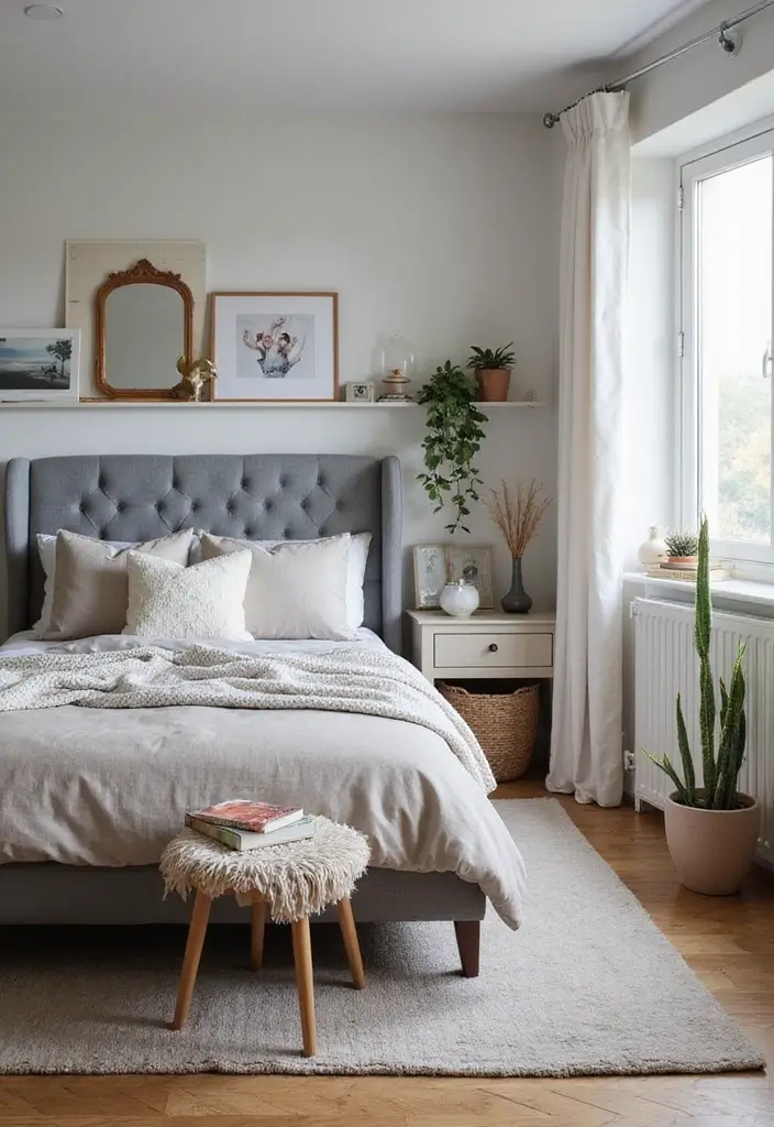 30 Grey Upholstered Bed Bedroom Ideas That Look Plush & Stylish - 18. Personal Touches