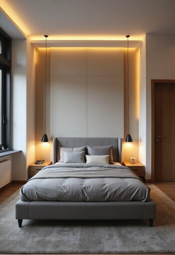 30 Grey Upholstered Bed Bedroom Ideas That Look Plush & Stylish - 20. Layered Lighting