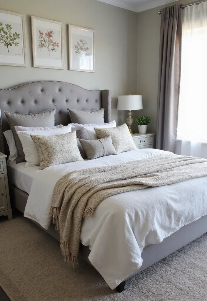 30 Grey Upholstered Bed Bedroom Ideas That Look Plush & Stylish - 21. Cozy Throw Pillows