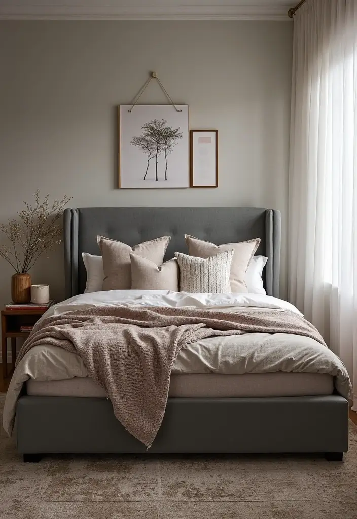 30 Grey Upholstered Bed Bedroom Ideas That Look Plush & Stylish - 23. Stylish Textiles