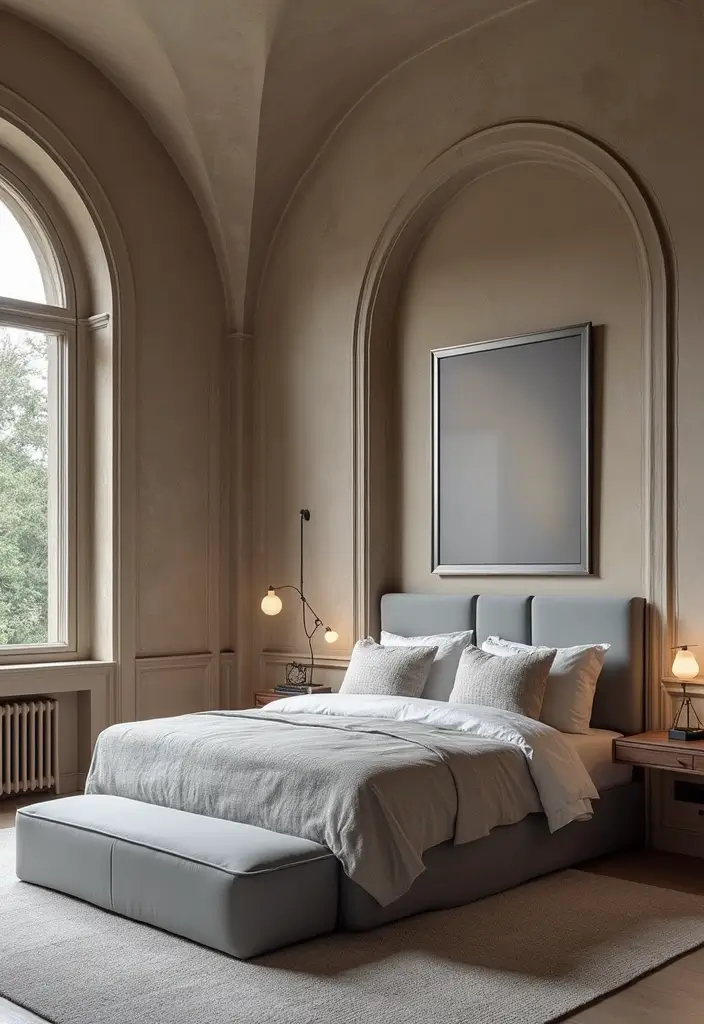 30 Grey Upholstered Bed Bedroom Ideas That Look Plush & Stylish - 24. Architectural Features