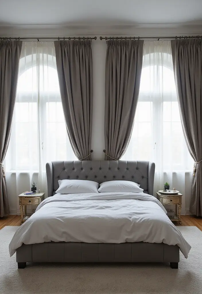 30 Grey Upholstered Bed Bedroom Ideas That Look Plush & Stylish - 25. Elegant Curtains
