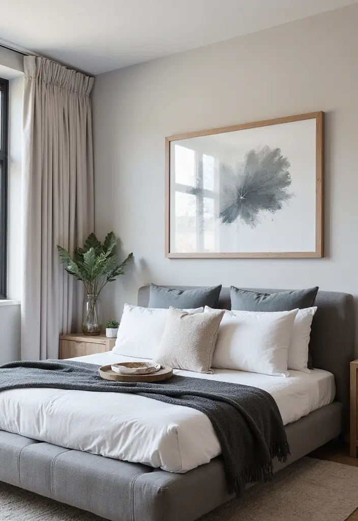 30 Grey Upholstered Bed Bedroom Ideas That Look Plush & Stylish - 26. Wall Art as a Focal Point
