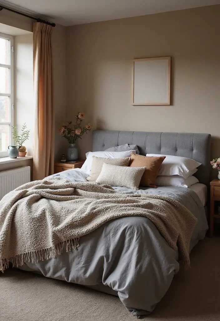 30 Grey Upholstered Bed Bedroom Ideas That Look Plush & Stylish - 27. Warm Textures for Comfort