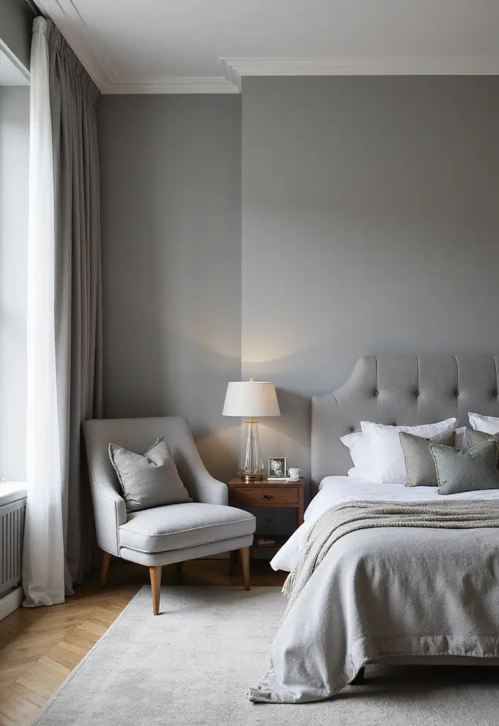 30 Grey Upholstered Bed Bedroom Ideas That Look Plush & Stylish - 28. Statement Accent Chairs