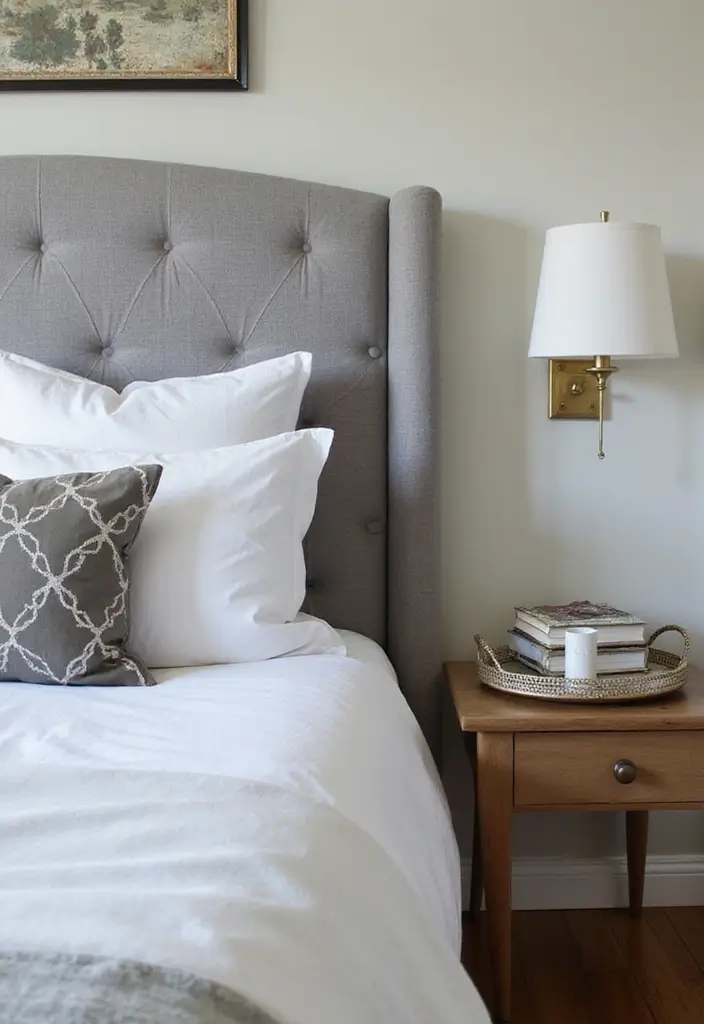 30 Grey Upholstered Bed Bedroom Ideas That Look Plush & Stylish - 29. Decorative Trays