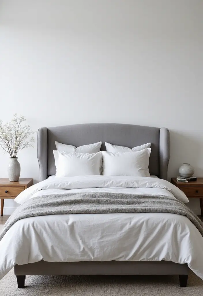 30 Grey Upholstered Bed Bedroom Ideas That Look Plush & Stylish - 3. Minimalist Chic