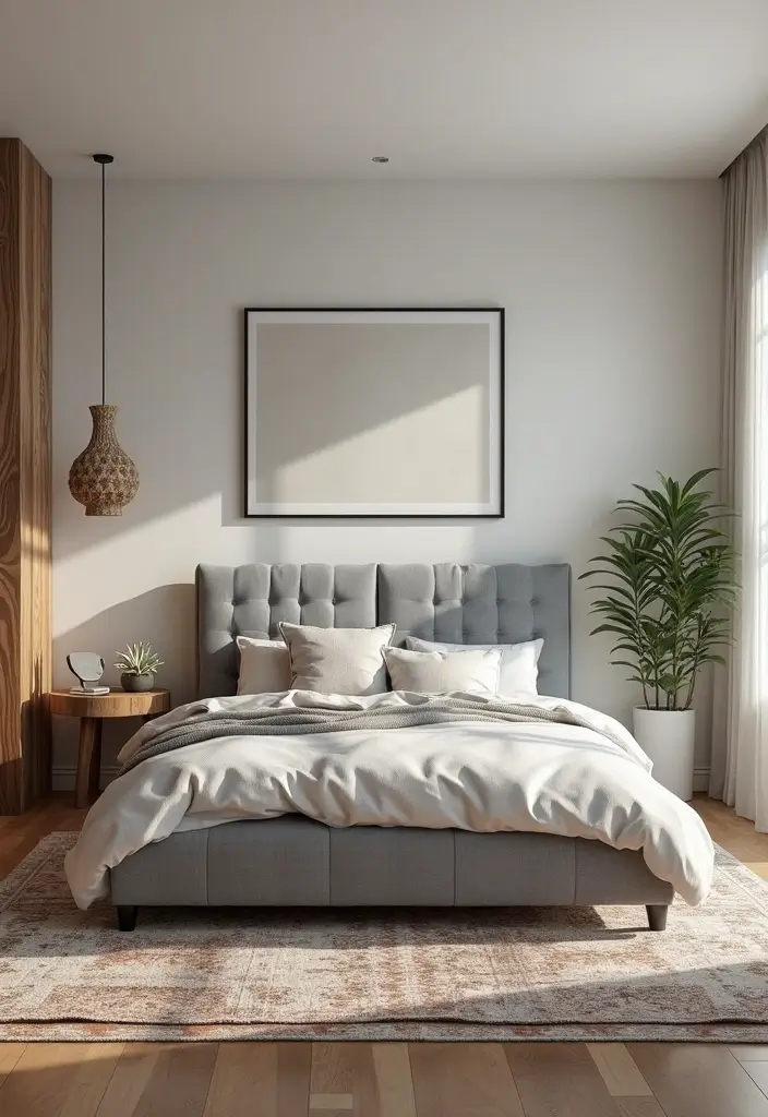 30 Grey Upholstered Bed Bedroom Ideas That Look Plush & Stylish - 30. Final Touches with Rugs