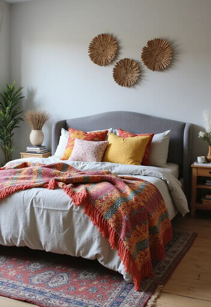 30 Grey Upholstered Bed Bedroom Ideas That Look Plush & Stylish - 4. Bohemian Touches