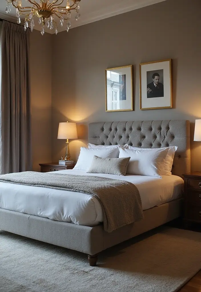 30 Grey Upholstered Bed Bedroom Ideas That Look Plush & Stylish - 5. Elegant Gold Accents