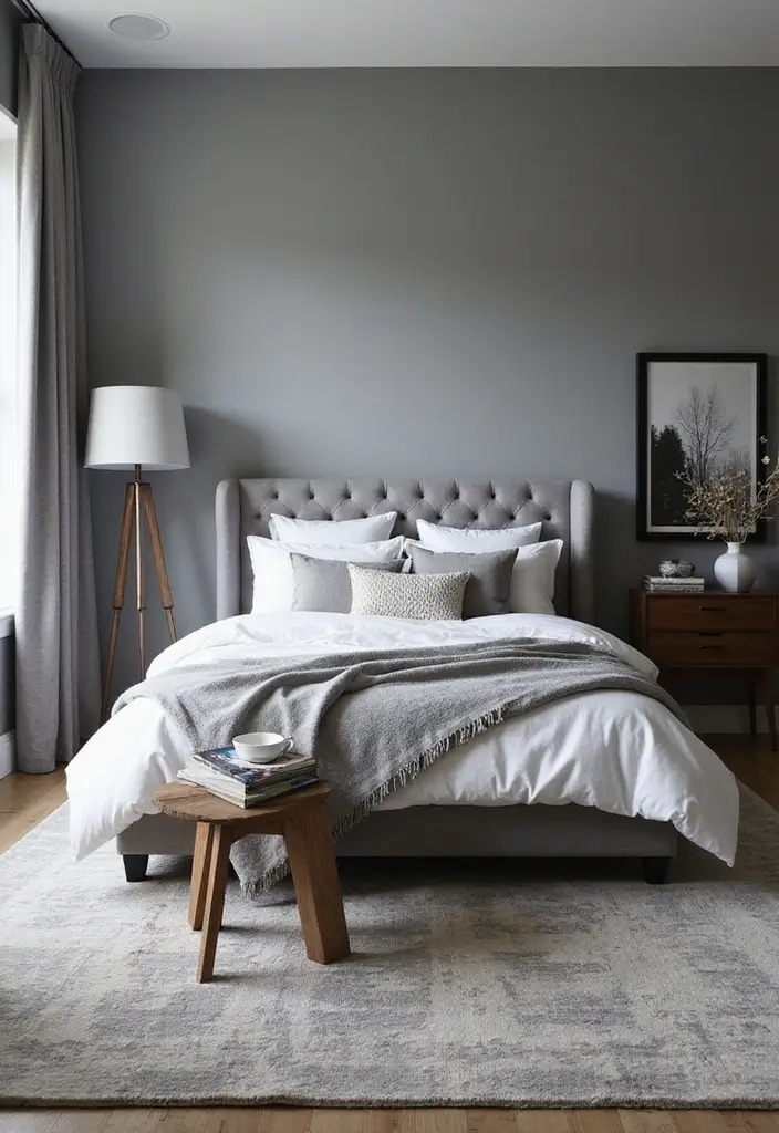 30 Grey Upholstered Bed Bedroom Ideas That Look Plush & Stylish - 6. Monochromatic Magic