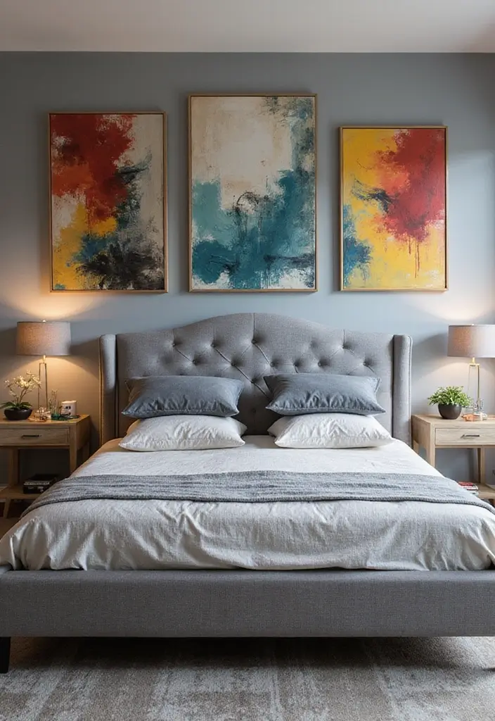 30 Grey Upholstered Bed Bedroom Ideas That Look Plush & Stylish - 8. Artistic Touches